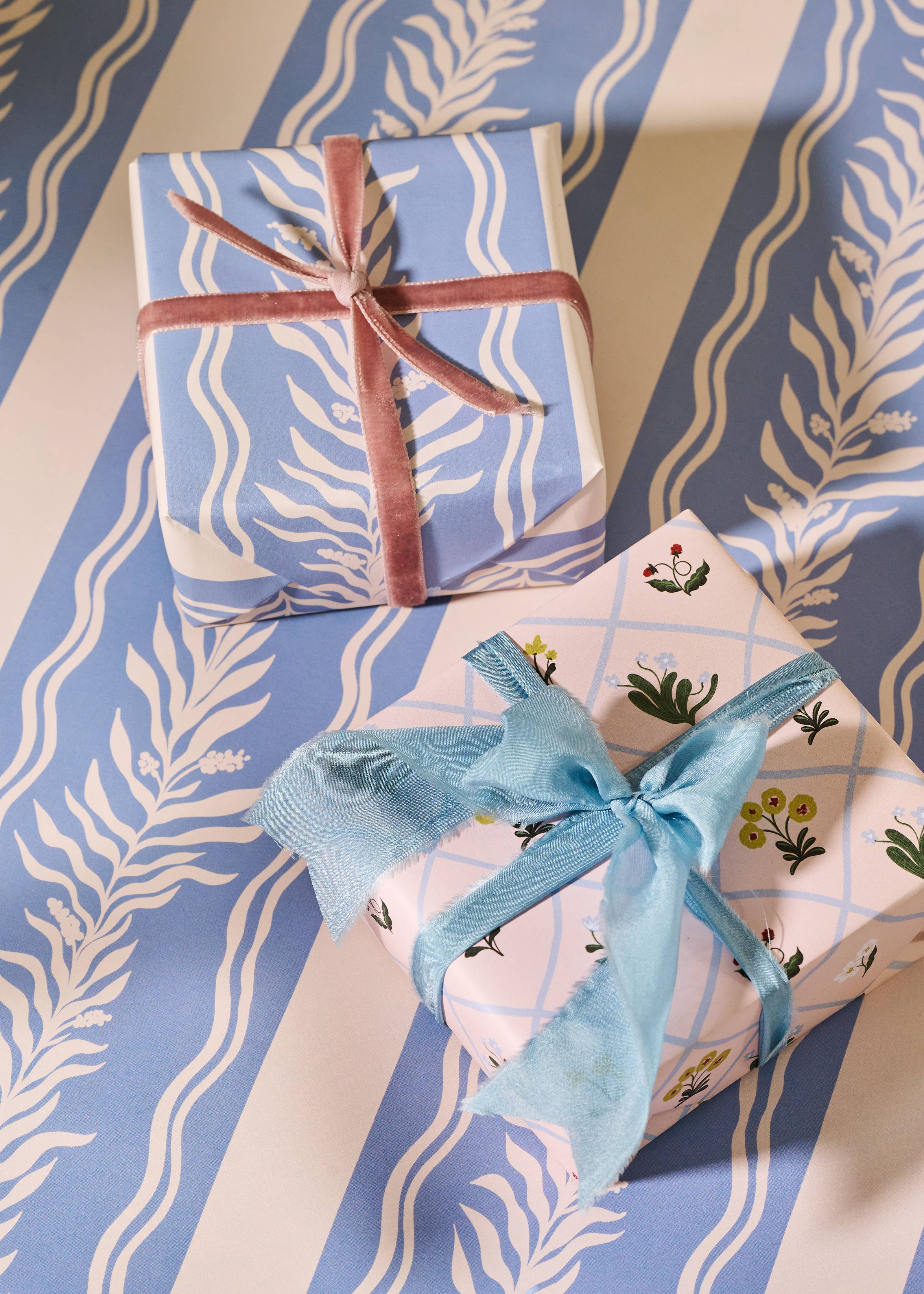 Floral Trellis and Blue Vine Stripe Double Sided Gift Wrap