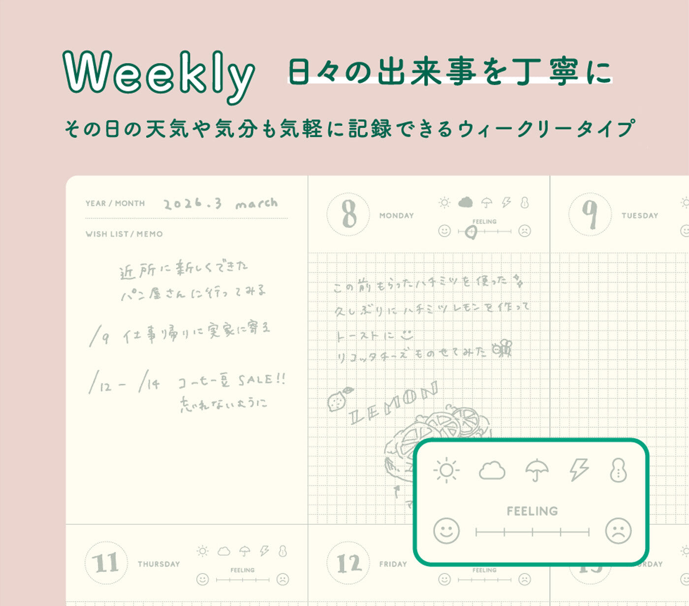 Cotomo Notebook / B6 / Pistachio Weekly