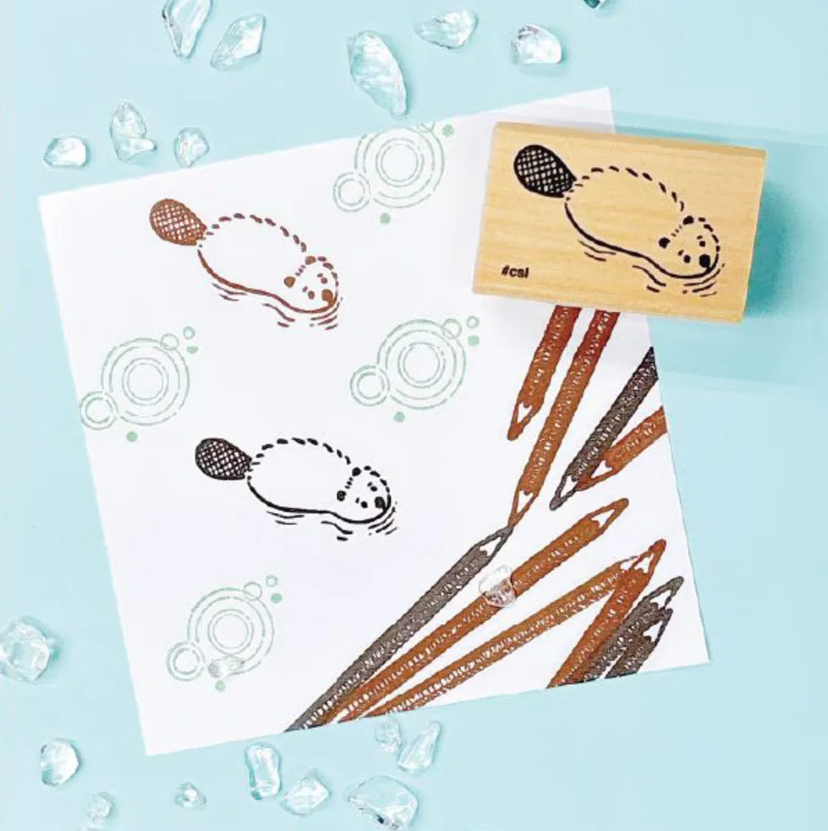 Swimming Beaver Mini Rubber Stamp