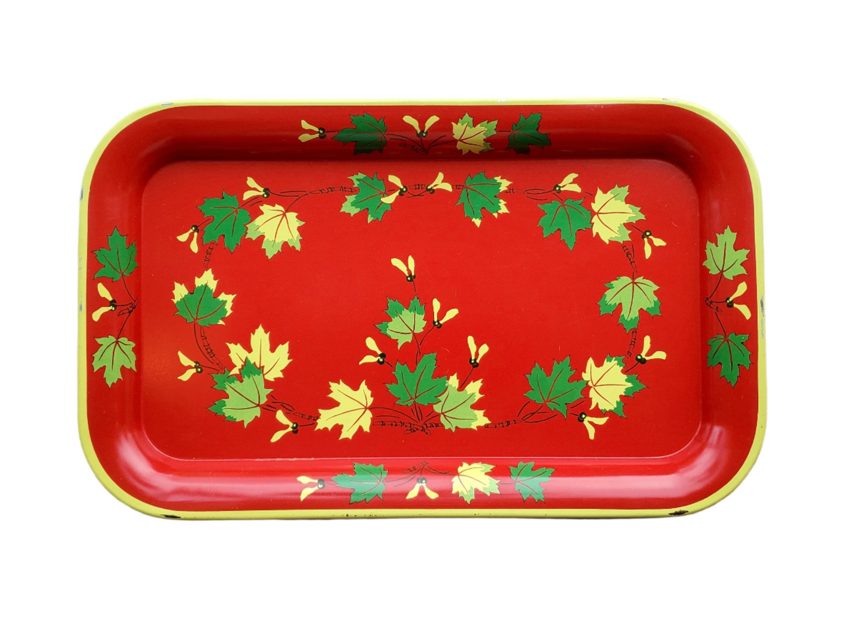 Vintage Tin Tray / Small / Acorn Wreath on Red