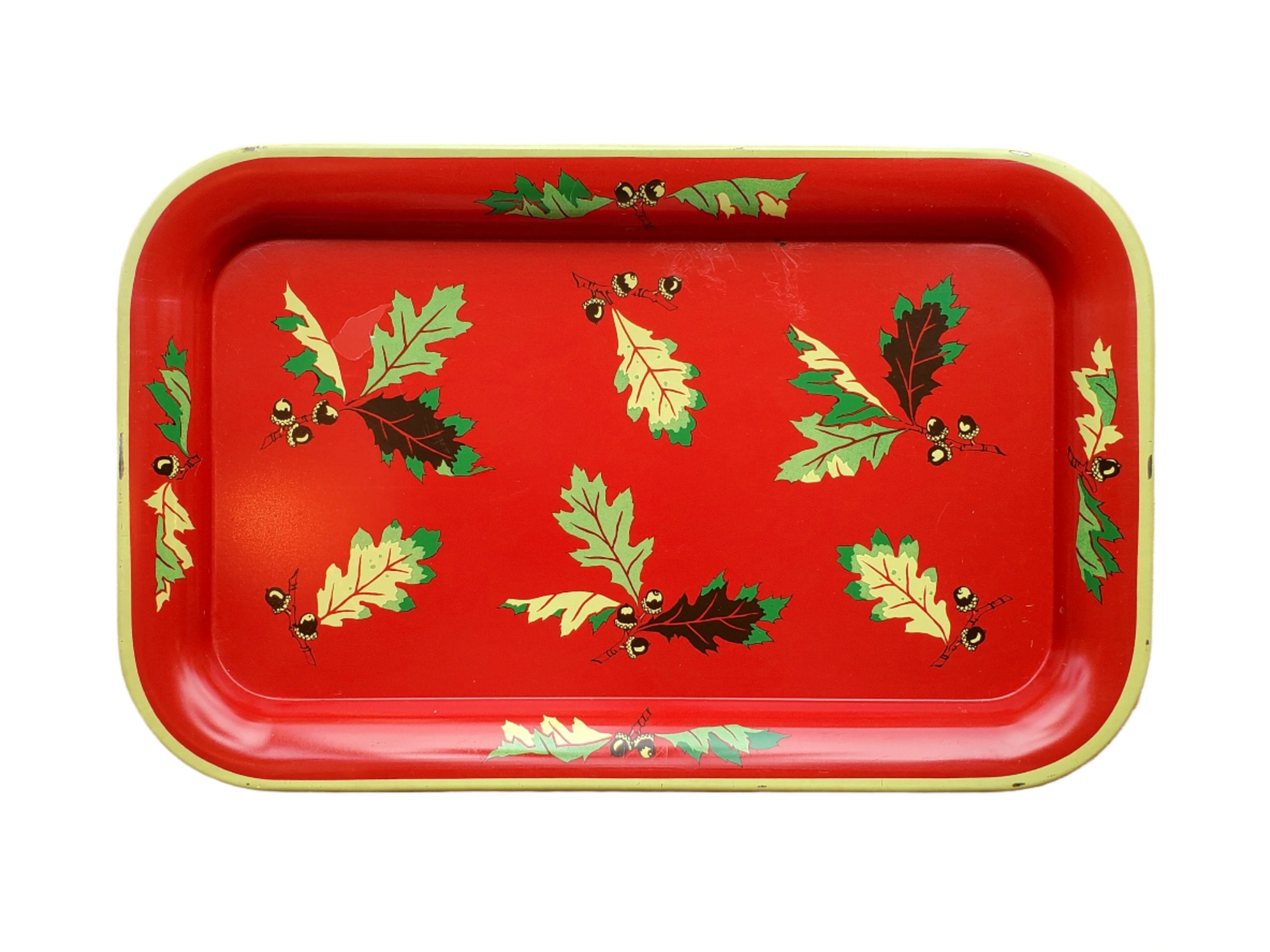 Vintage Tin Tray / Small / Scattered Acorn and Leaves on Red