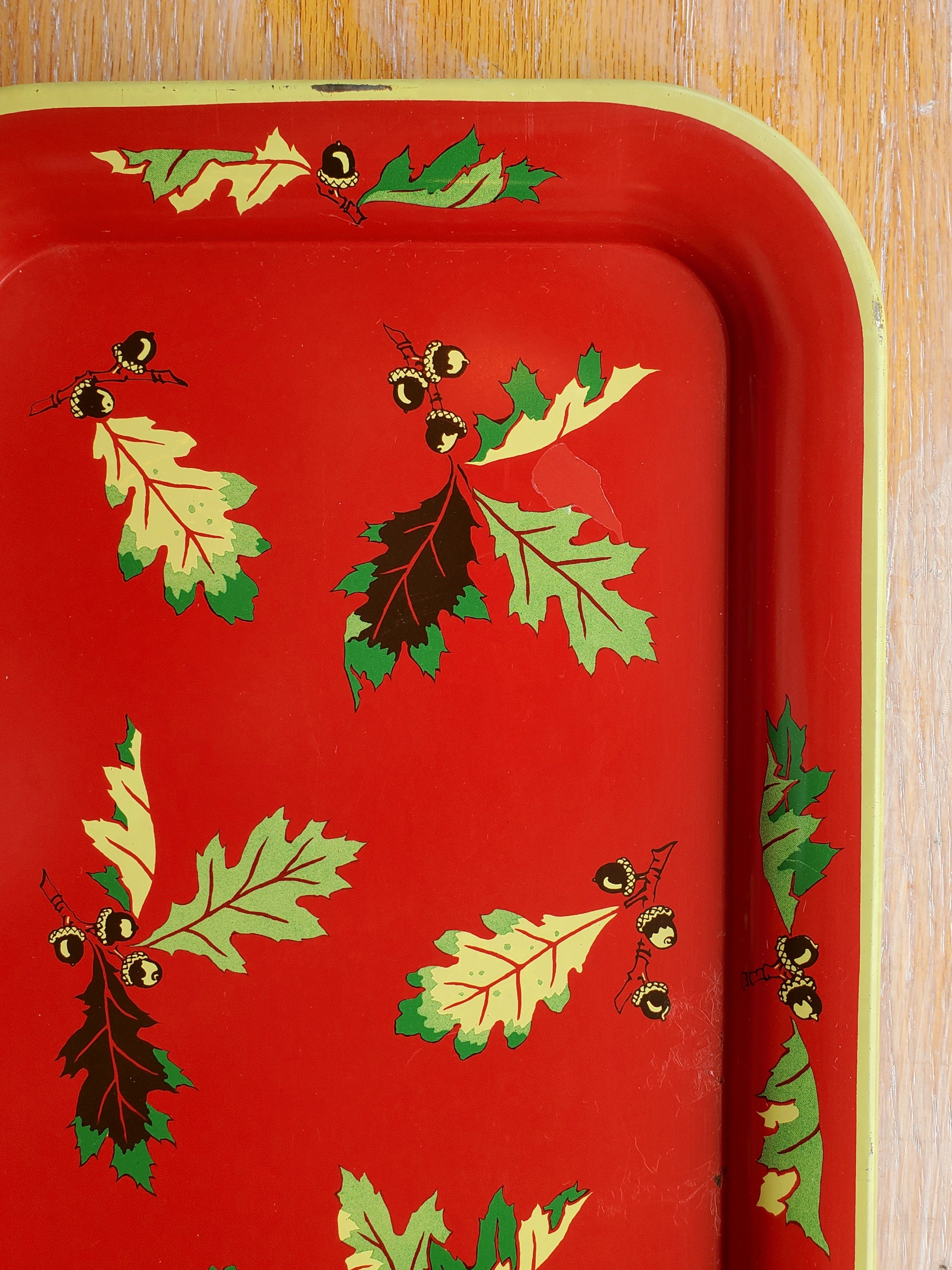 Vintage Tin Tray / Small / Scattered Acorn and Leaves on Red