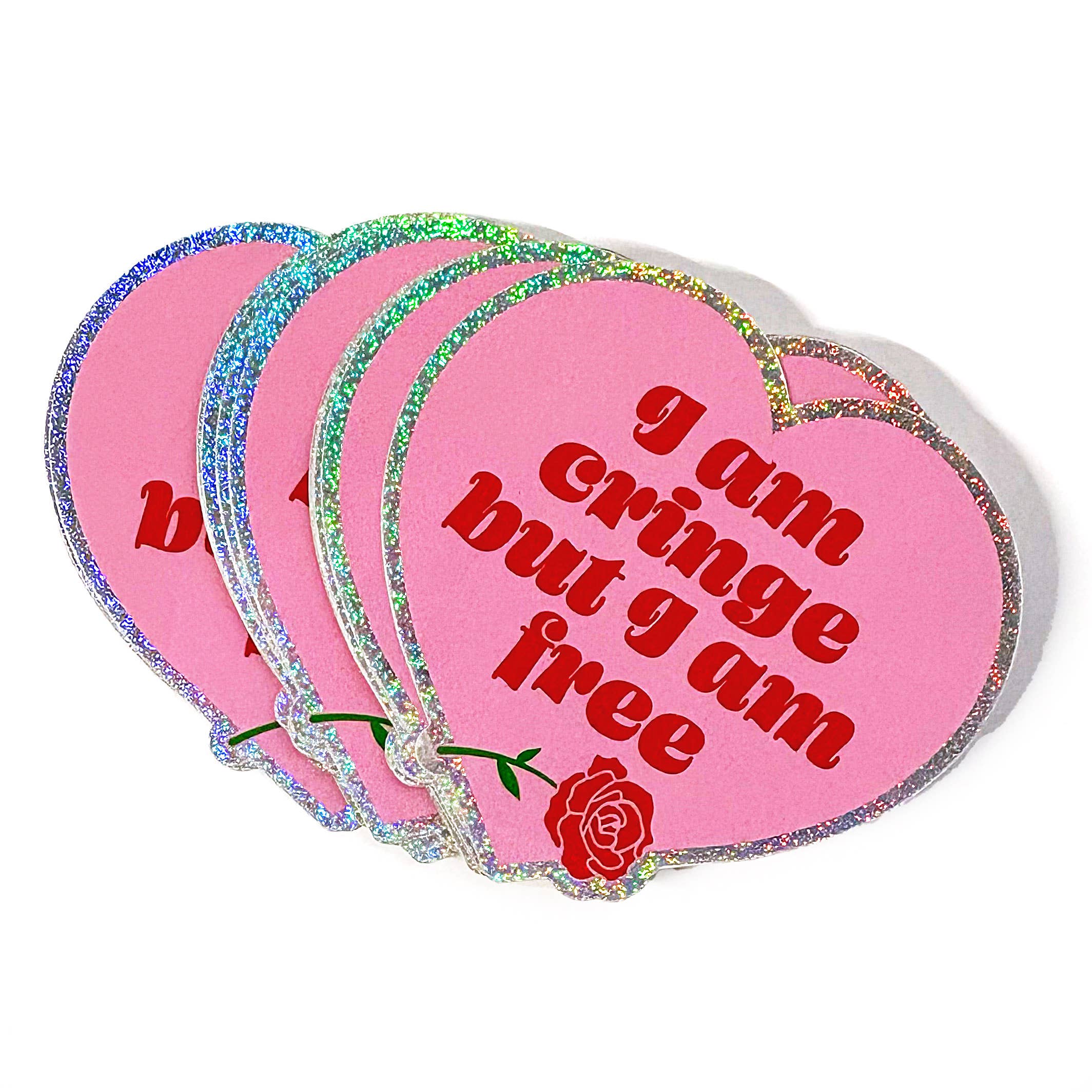 I Am Cringe But I Am Free Heart Shaped Glitter Sticker