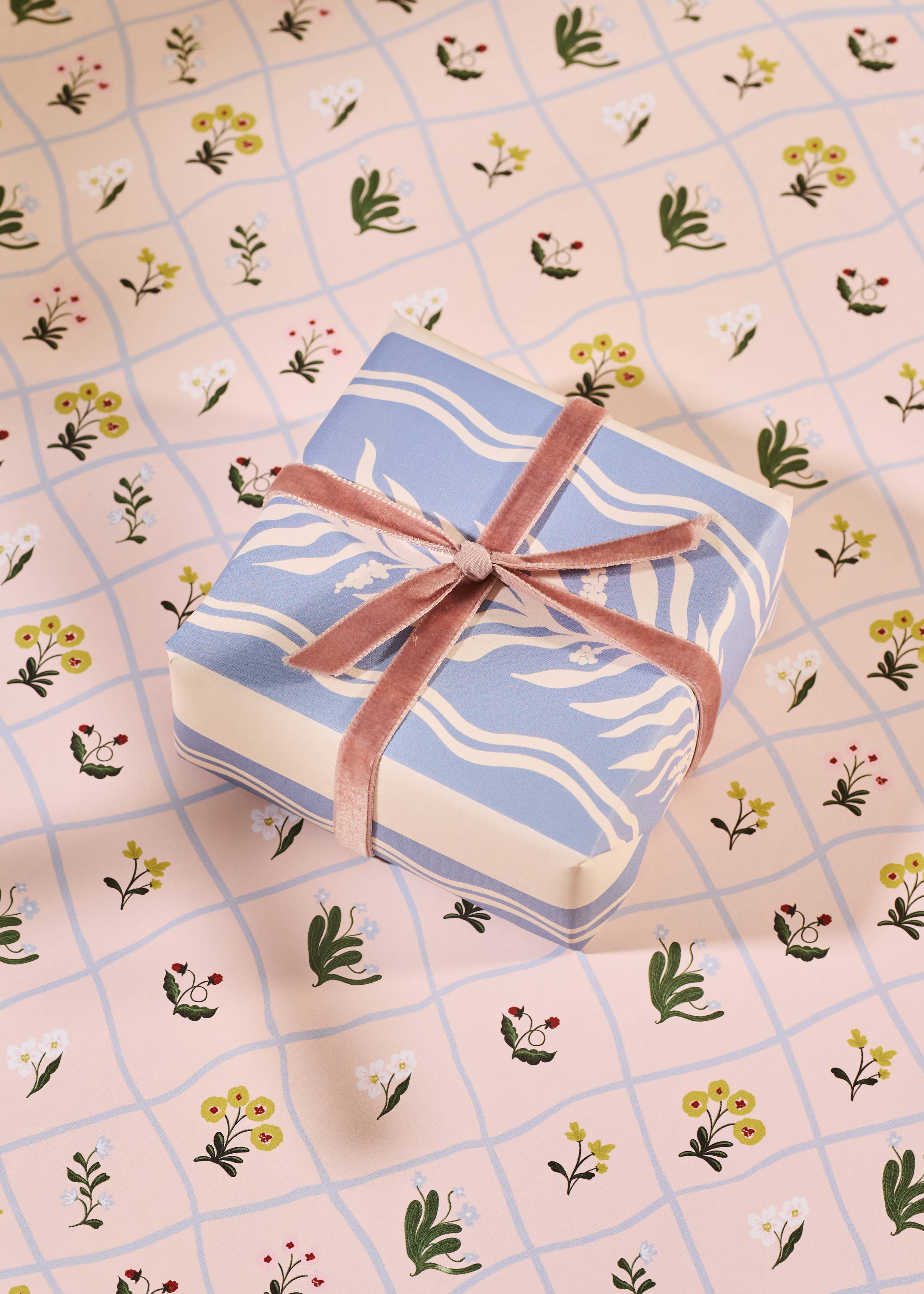 Floral Trellis and Blue Vine Stripe Double Sided Gift Wrap