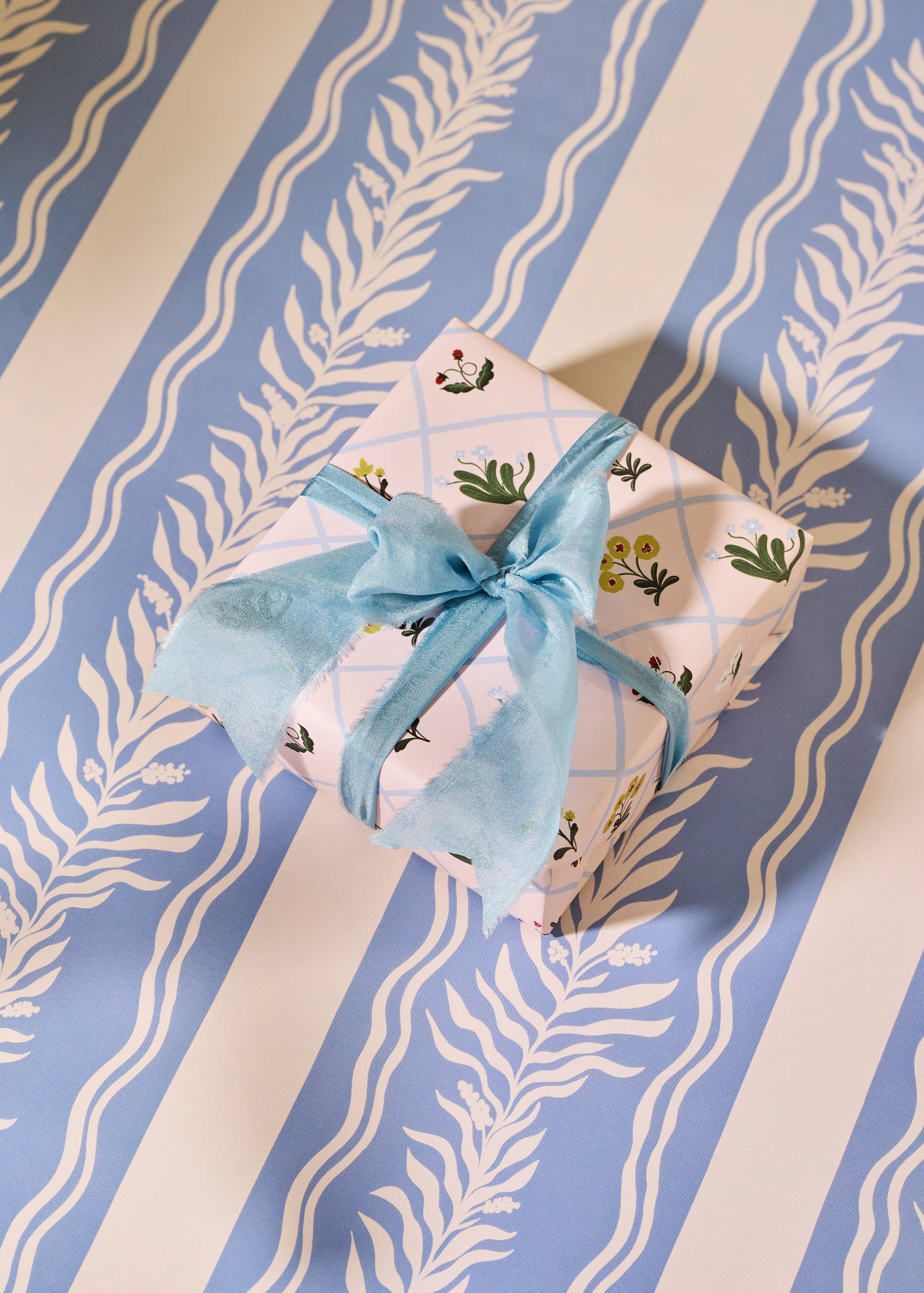 Floral Trellis and Blue Vine Stripe Double Sided Gift Wrap