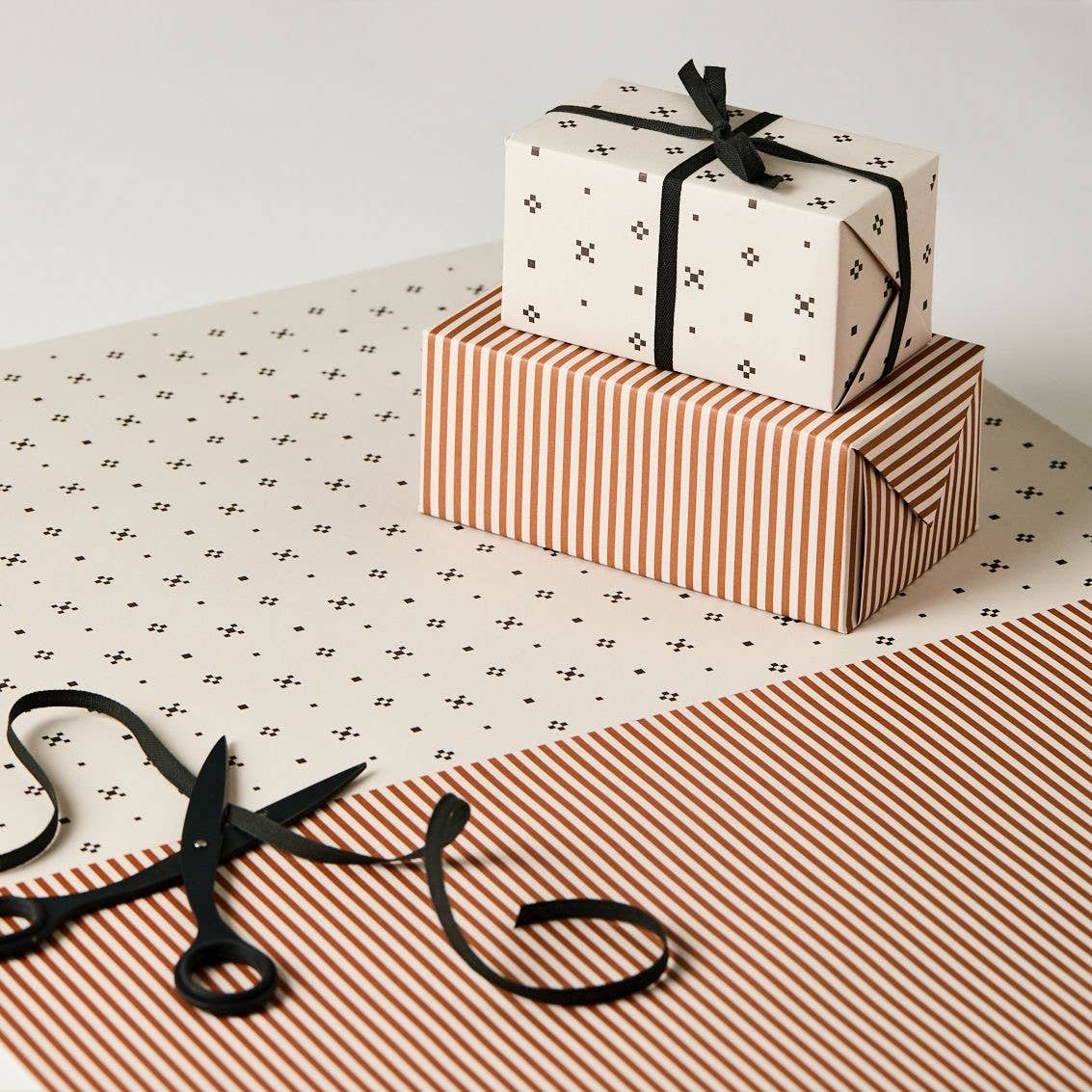 Monochrome Tile & Cinnamon Stripe gift wrapping paper