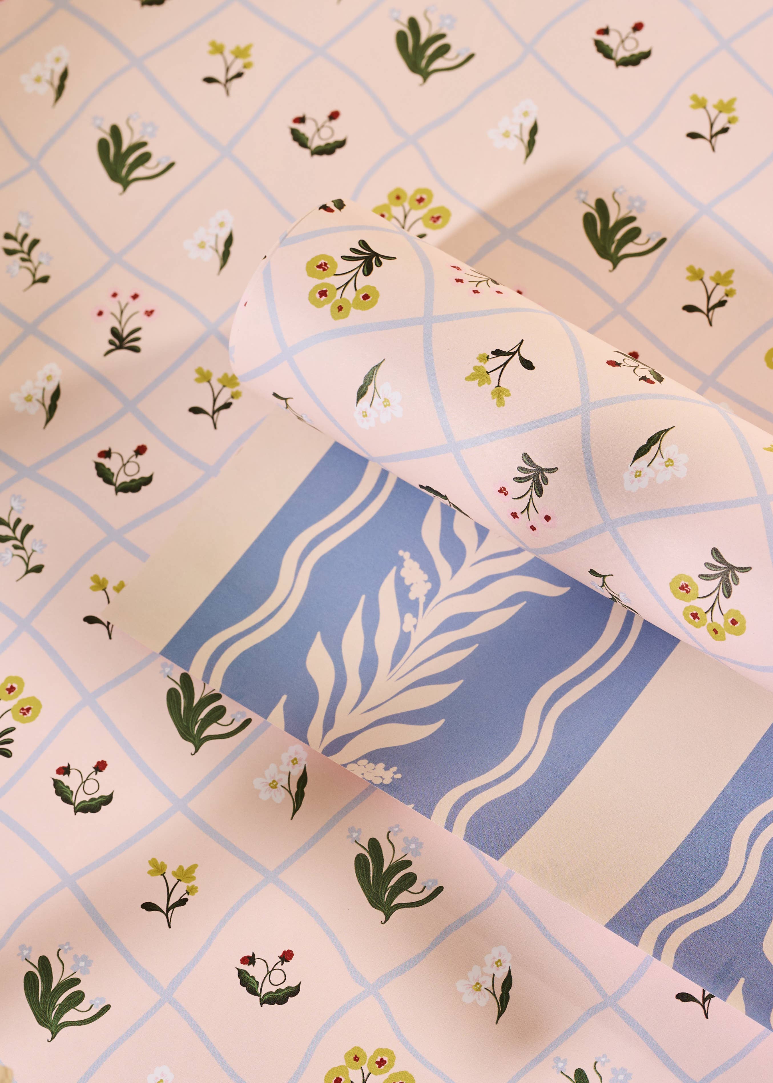 Floral Trellis and Blue Vine Stripe Double Sided Gift Wrap