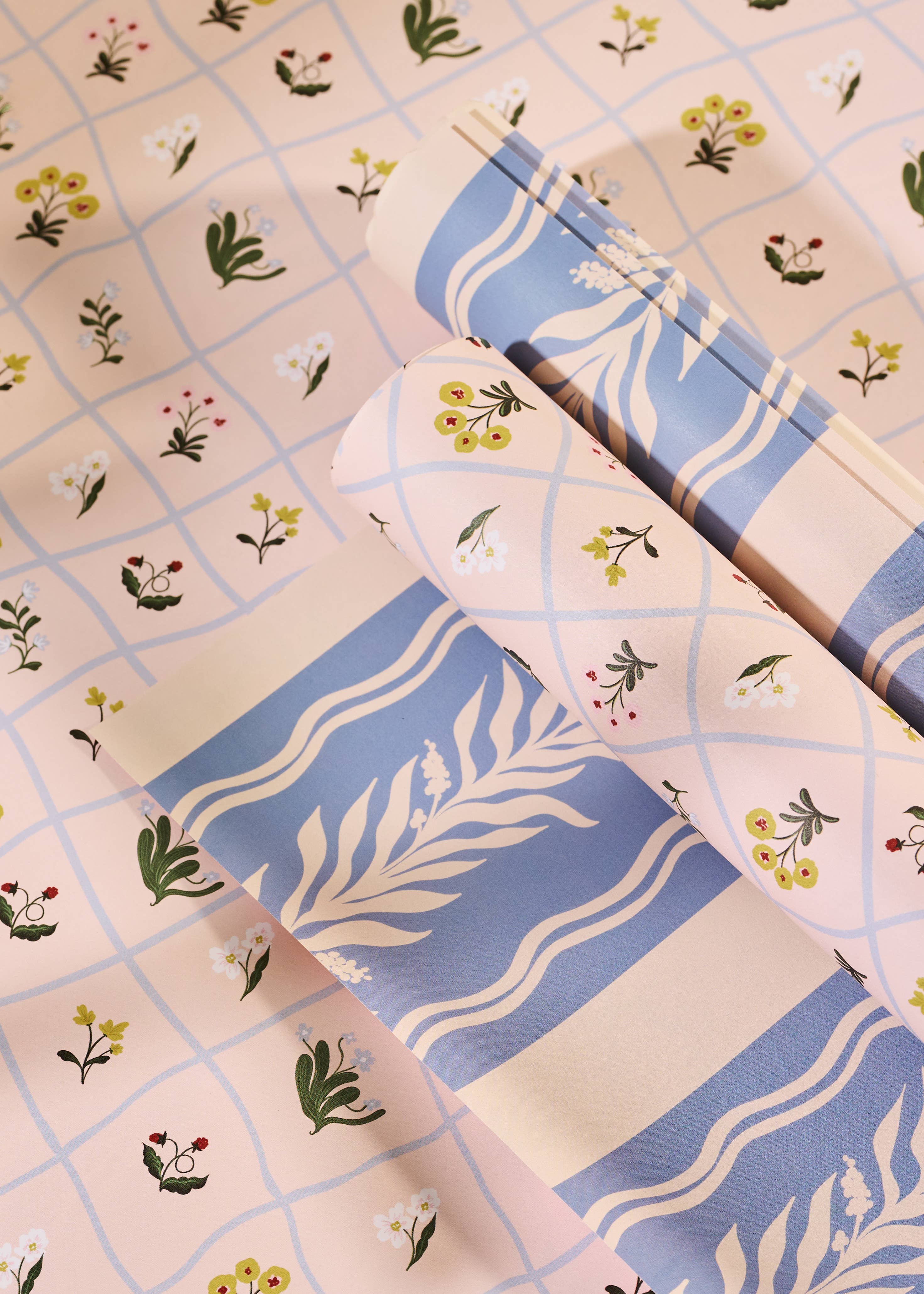 Floral Trellis and Blue Vine Stripe Double Sided Gift Wrap