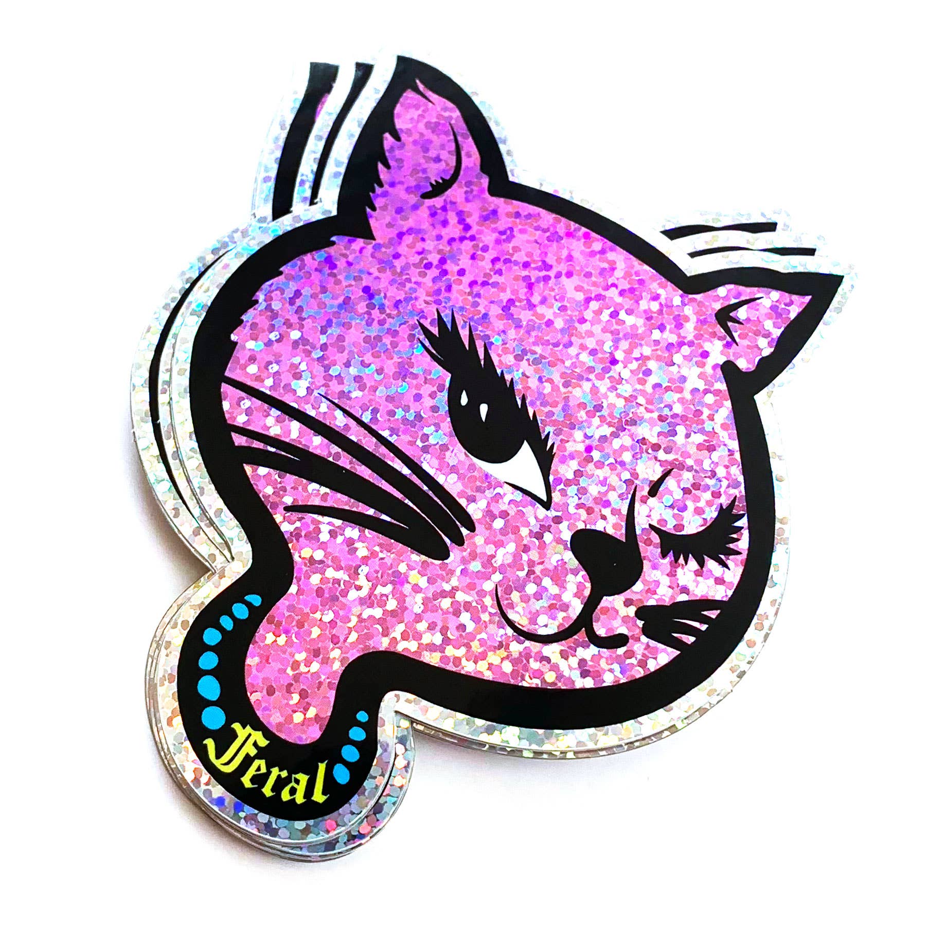 Feral 90s Winking Sassy Cat Holographic Glitter Sticker