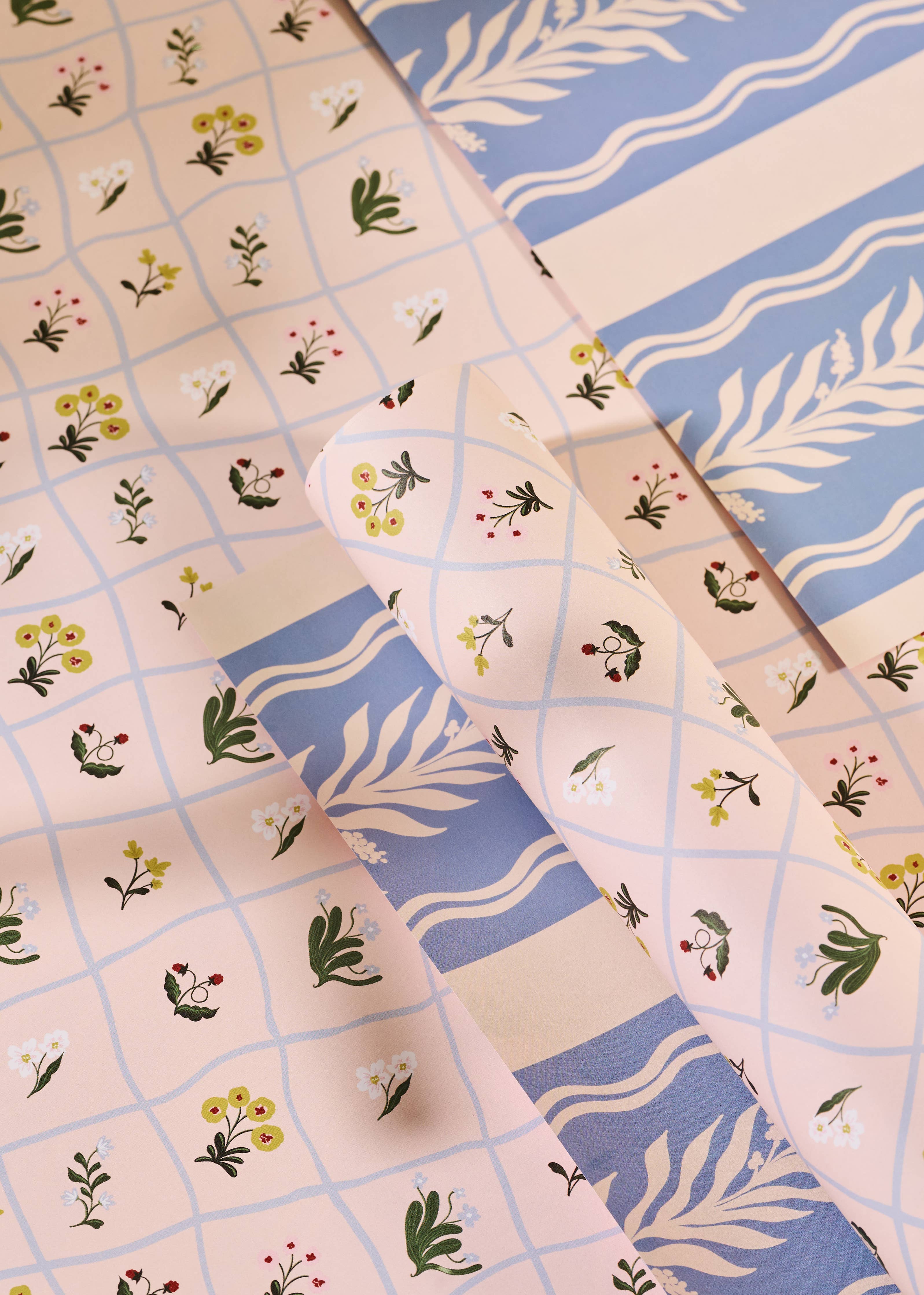 Floral Trellis and Blue Vine Stripe Double Sided Gift Wrap