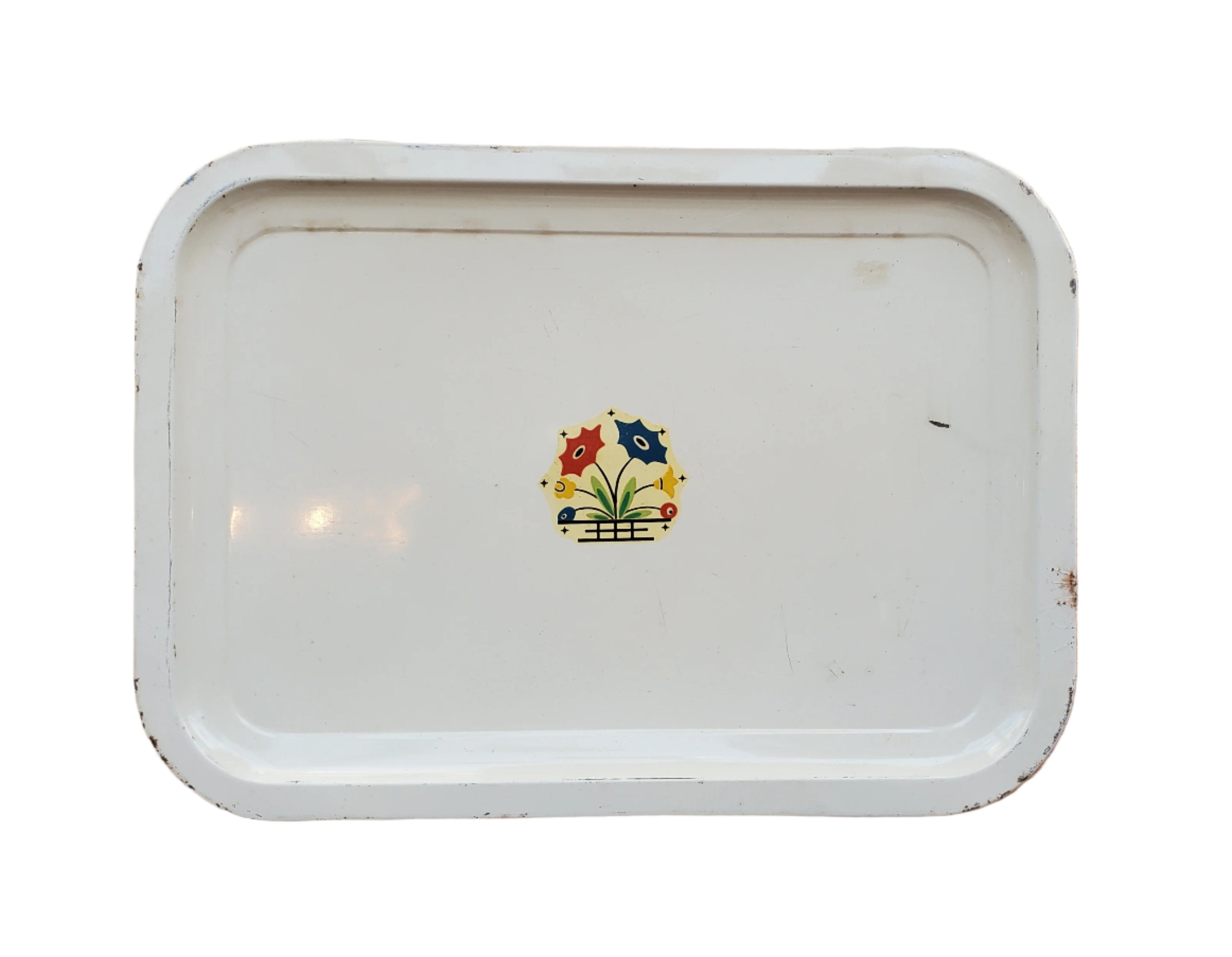 Vintage Tin Tray / Small / Mid-Mod Motif on Beige