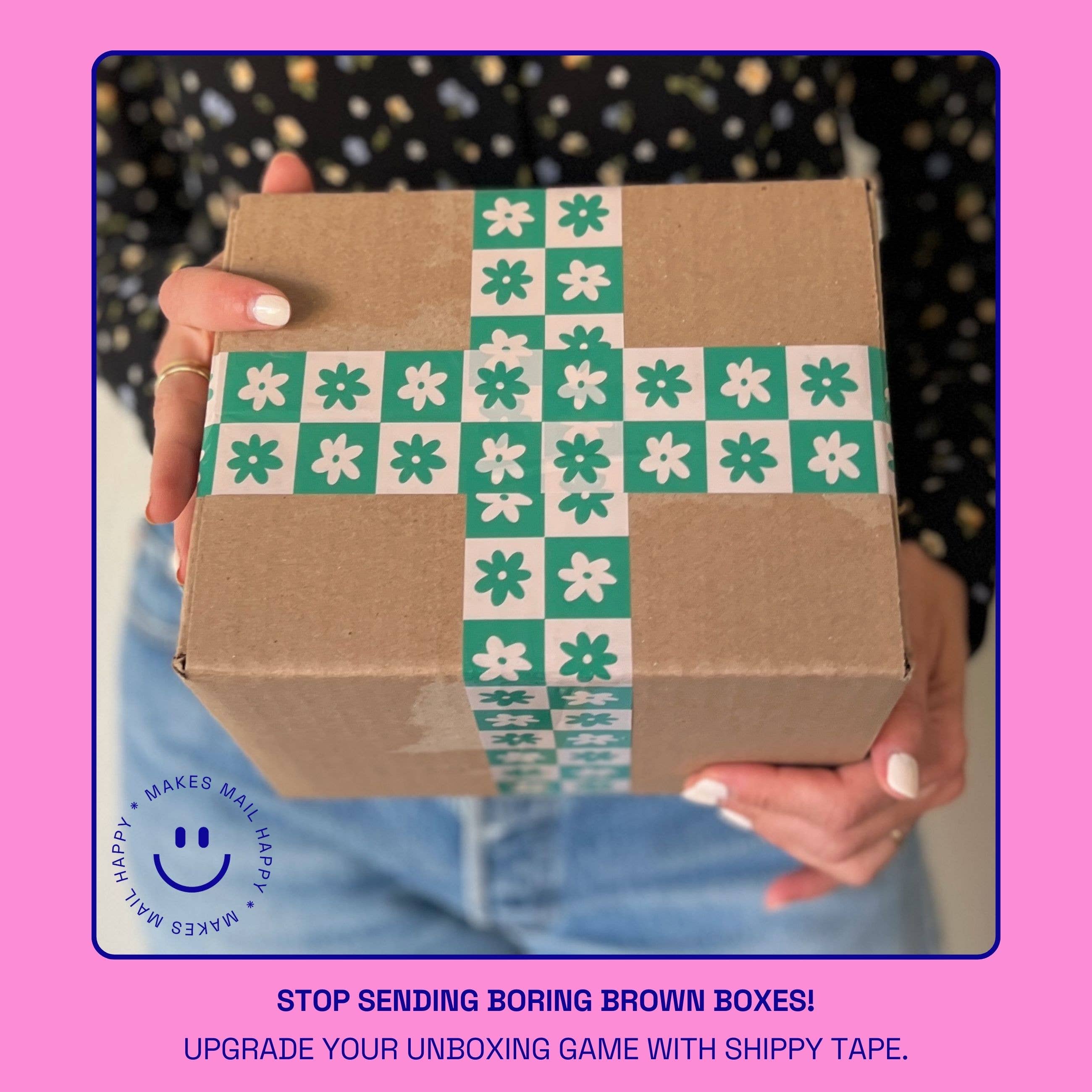 Retro Checkered Flower Shipping Tape - Green/Cream