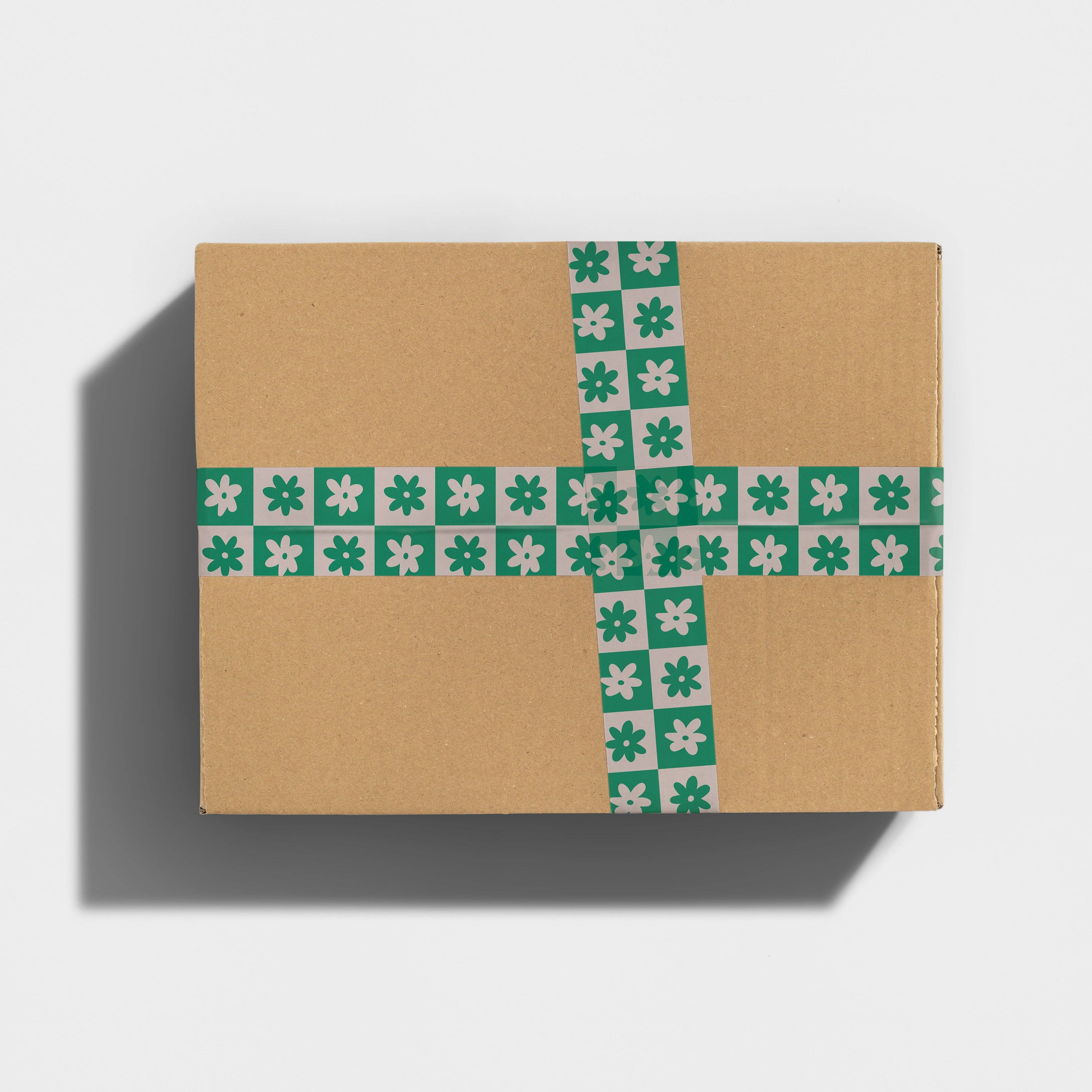 Retro Checkered Flower Shipping Tape - Green/Cream