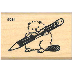 Beaver and Pencil Mini Rubber Stamp