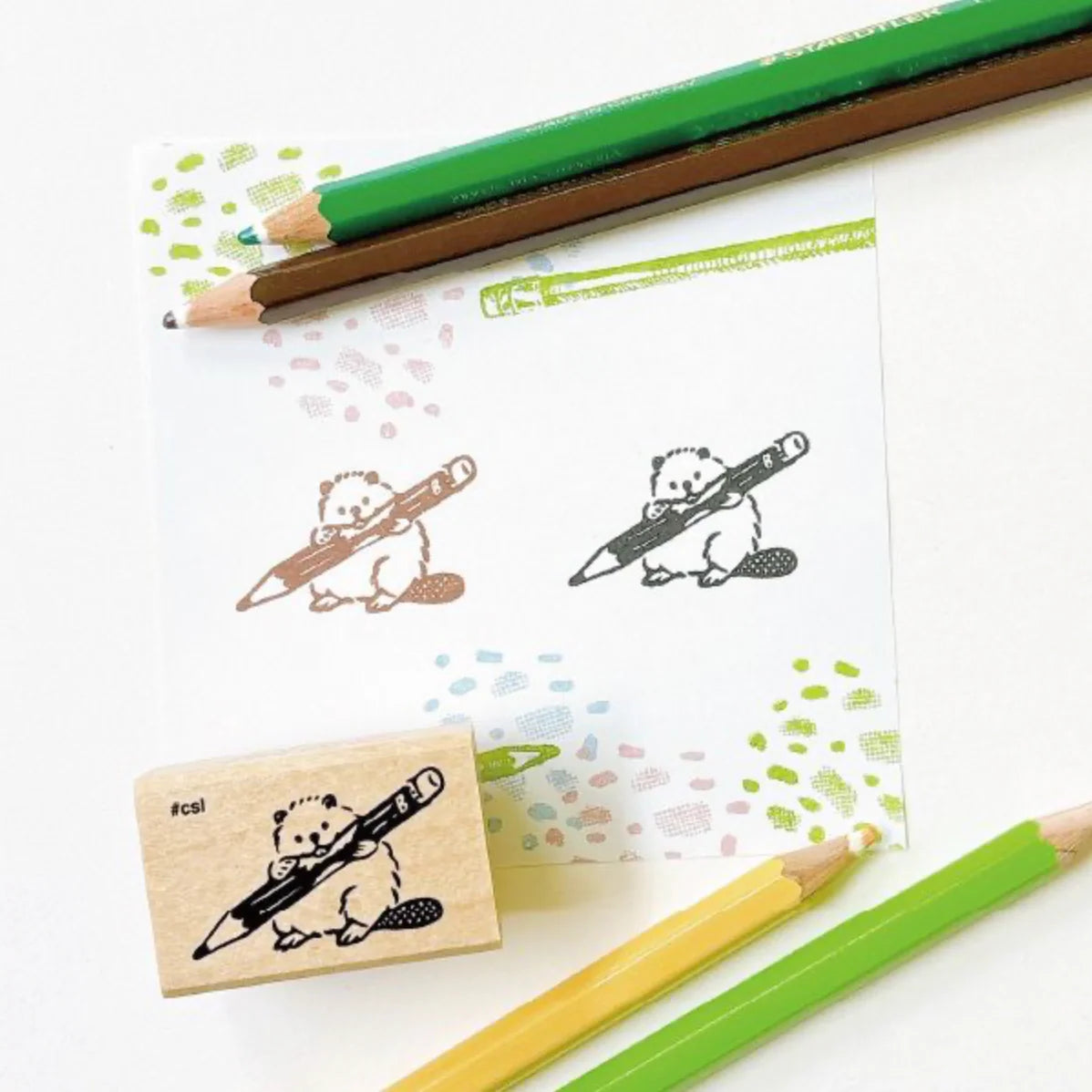 Beaver and Pencil Mini Rubber Stamp