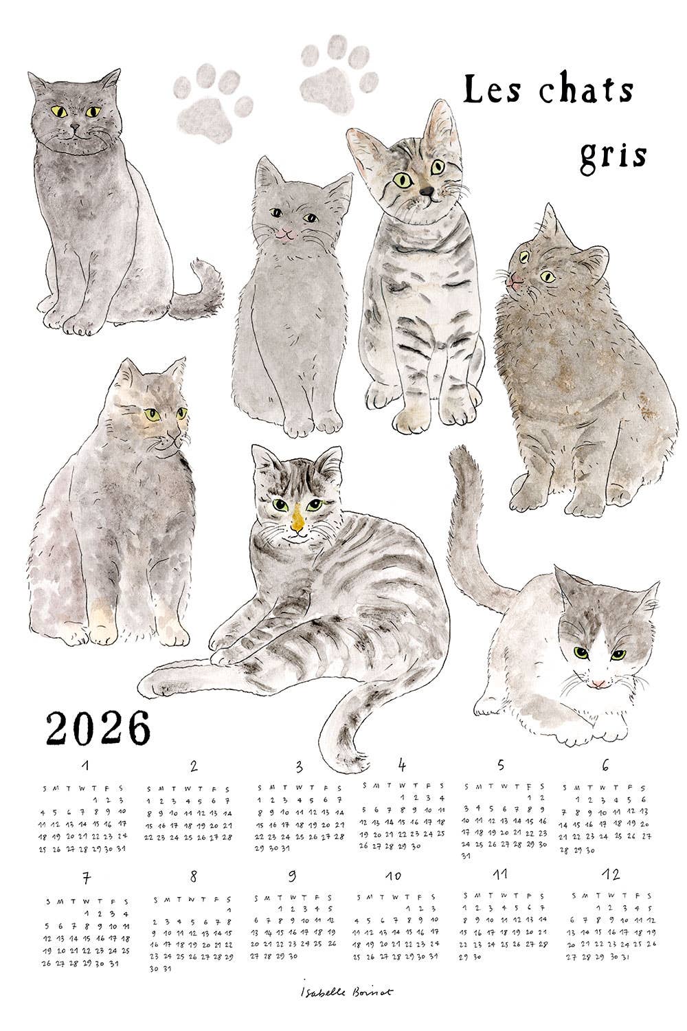 2026 Linen Calendar by Isabelle Boinoit / Gray Cats
