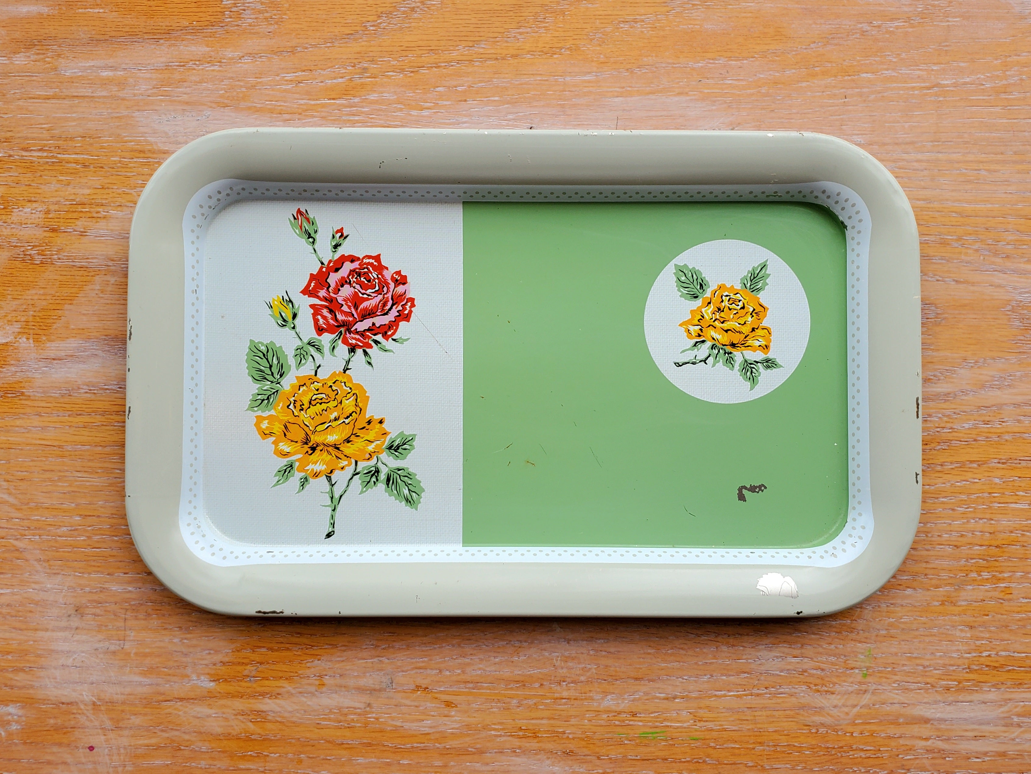 Vintage Tin Tray / Small / Roses on Mint & Cream