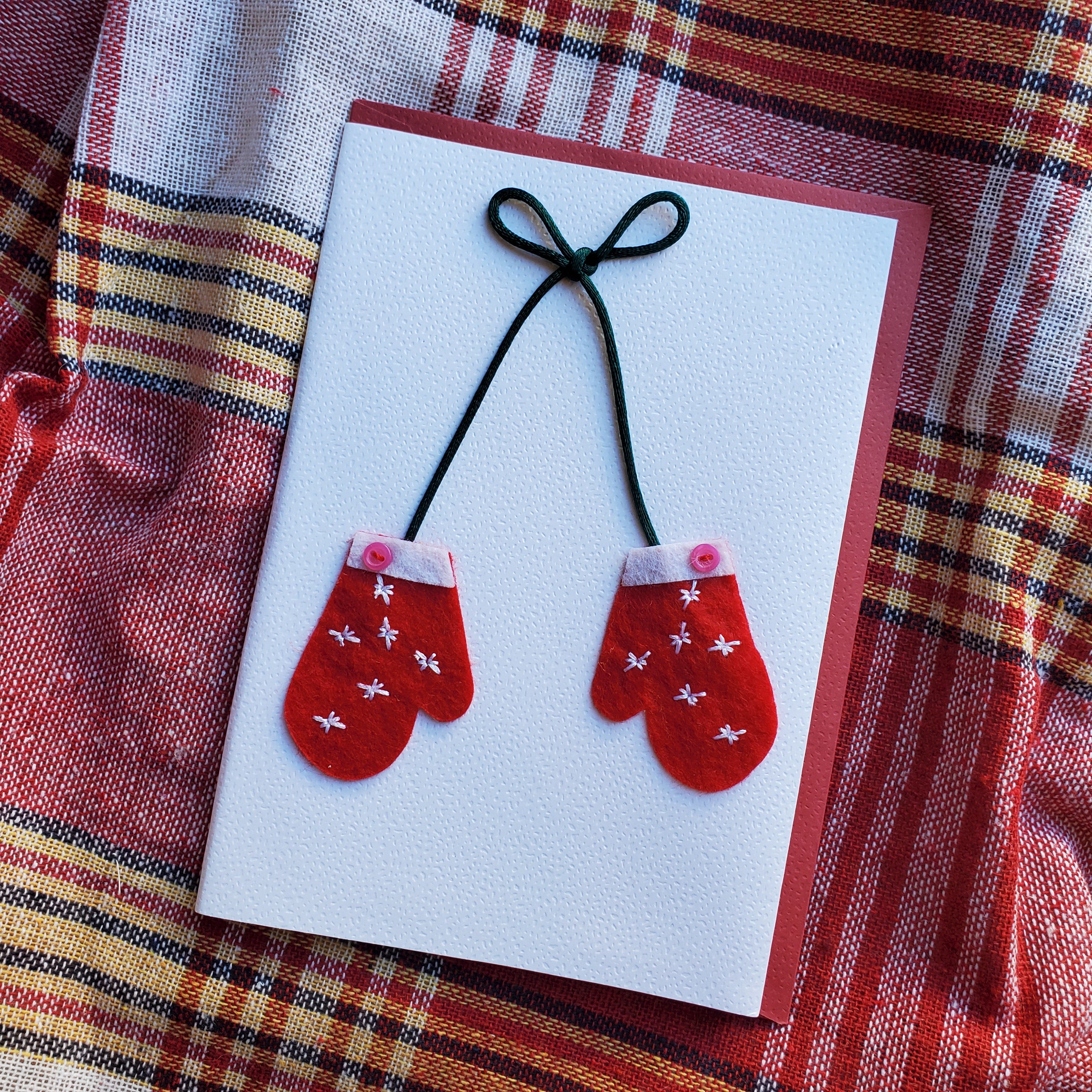 Vintage Red Felt Mittens Christmas Card