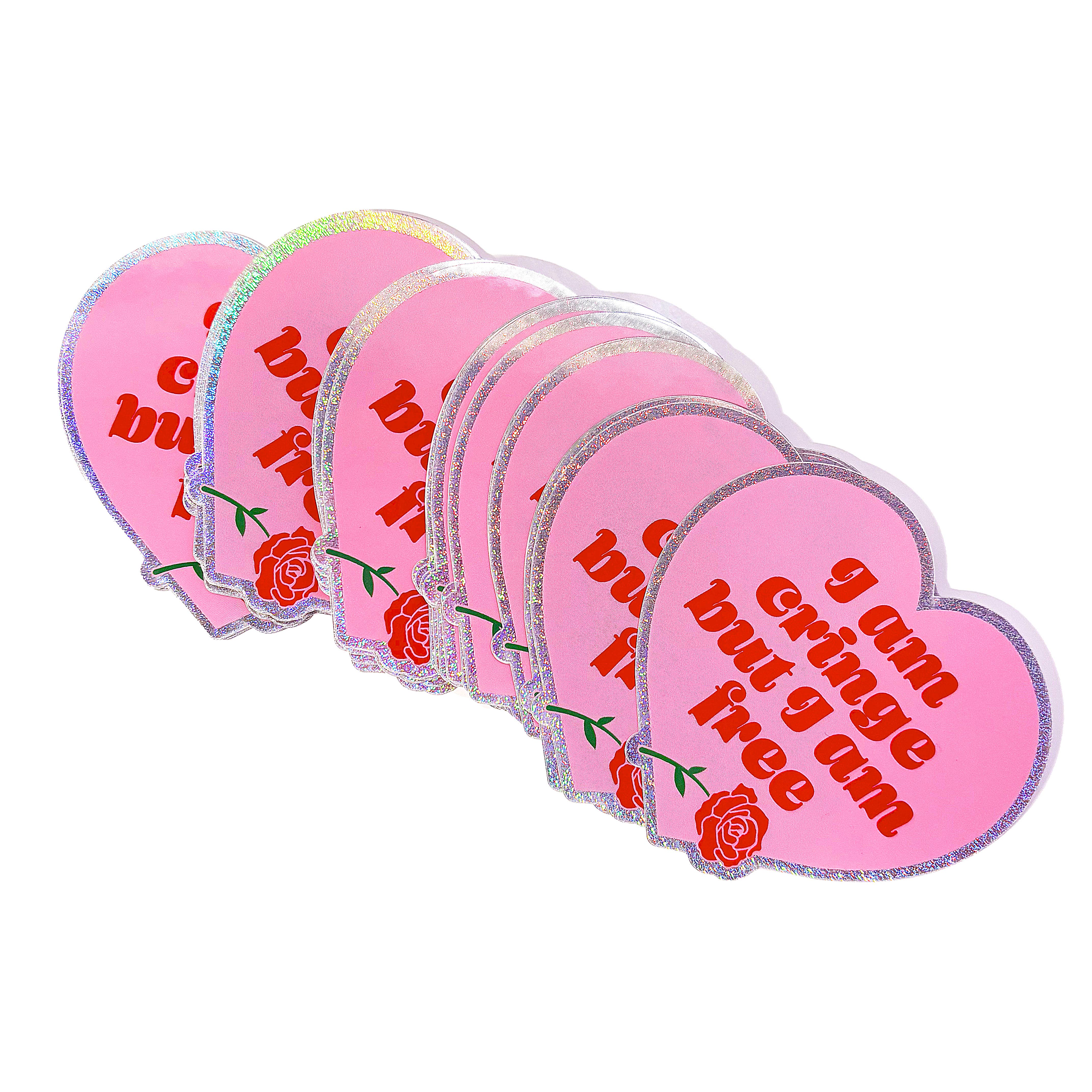 I Am Cringe But I Am Free Heart Shaped Glitter Sticker