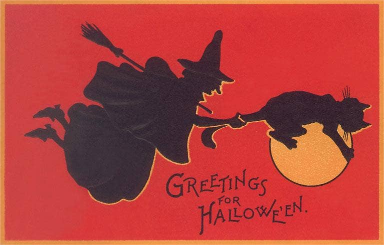 Postcard HW-247 Witch and Black Cat