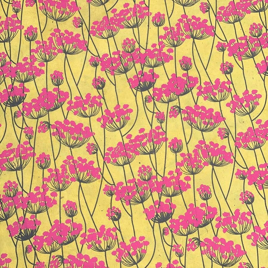 handmade gift wrap / bright pink flowers on yellow