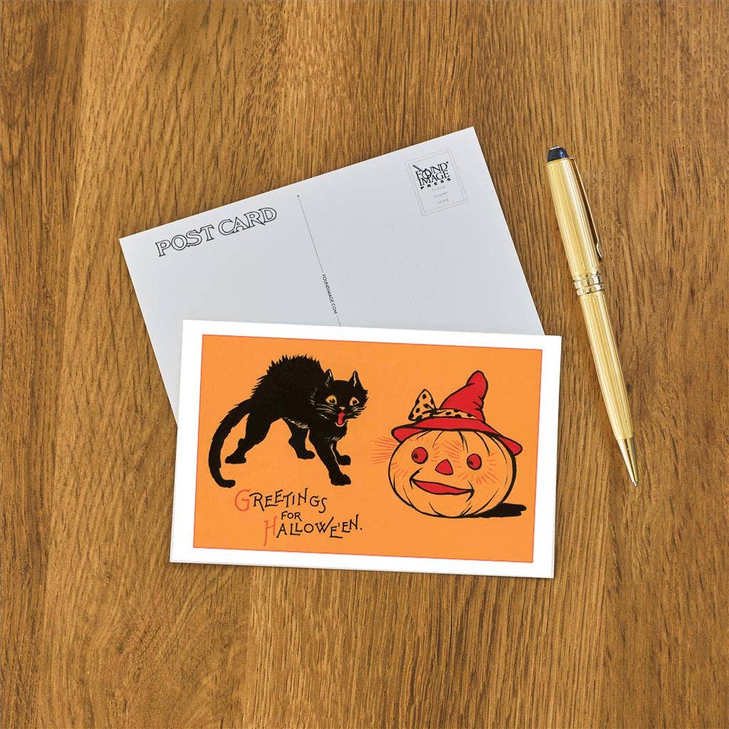 Postcard HW-180 Greetings for Halloween, Cat and Jack O'Lant