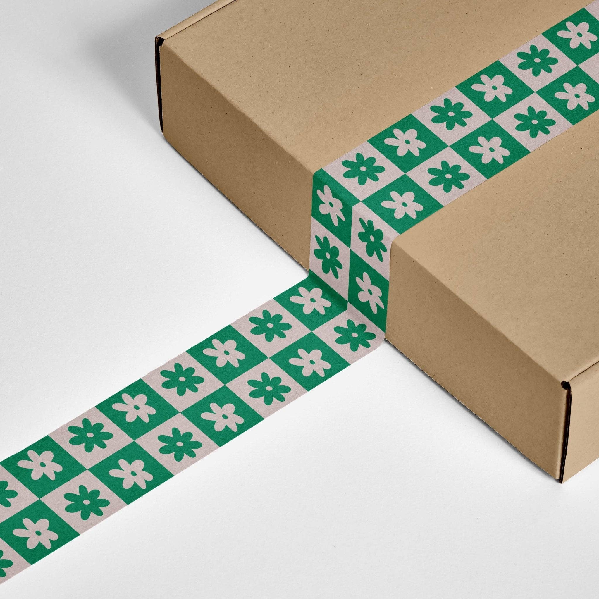 Retro Checkered Flower Shipping Tape - Green/Cream