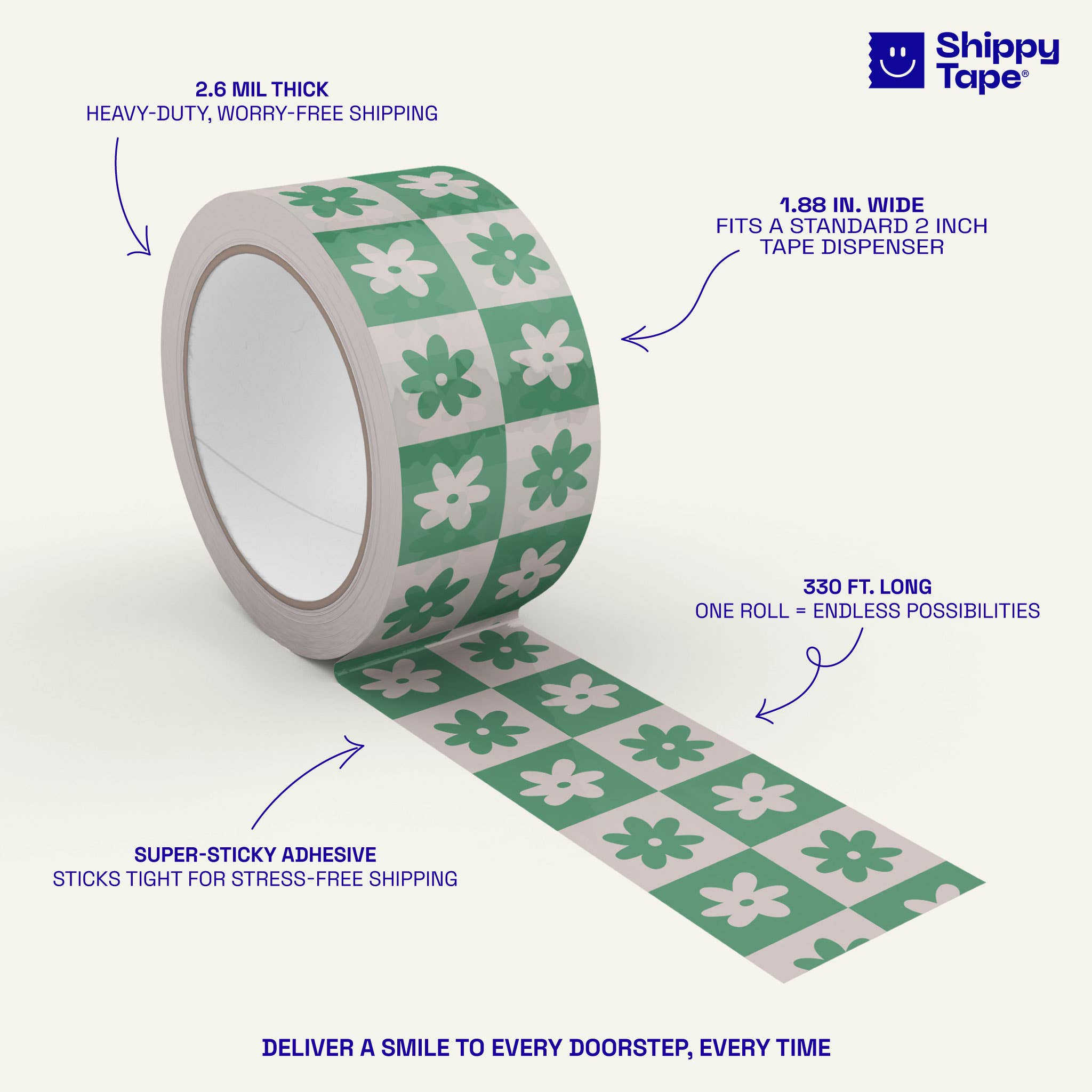 Retro Checkered Flower Shipping Tape - Green/Cream