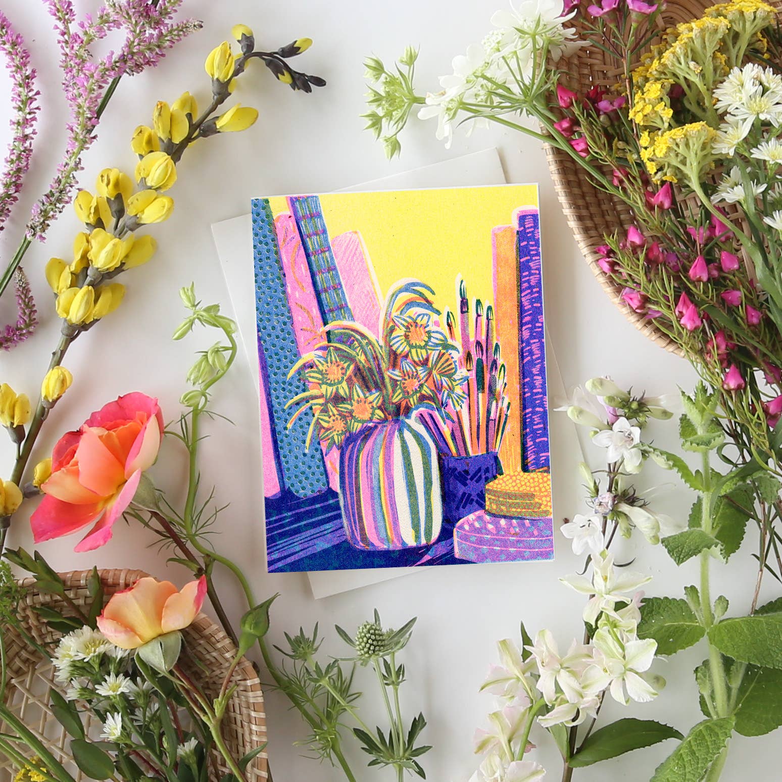 Still Life with Books and Flowers #3 Risograph Card