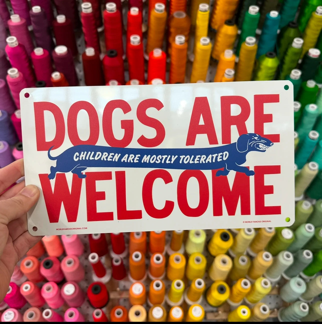DOGS ARE WELCOME CHILDREN ARE MOSTLY TOLERATED ALUMINUM SIGN
