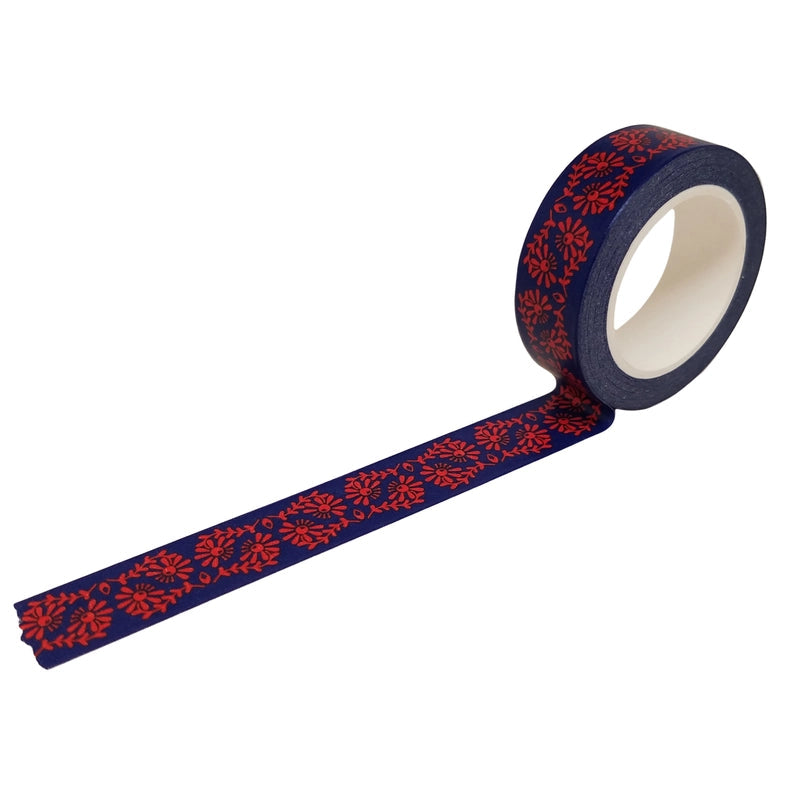 Red Embroidery on Navy Blue Pattern Washi Tape