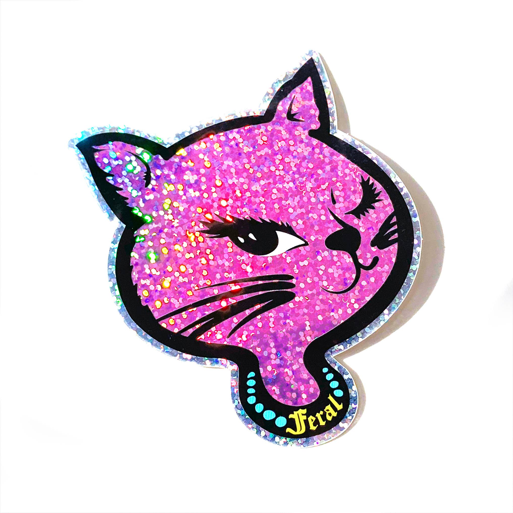 Feral 90s Winking Sassy Cat Holographic Glitter Sticker