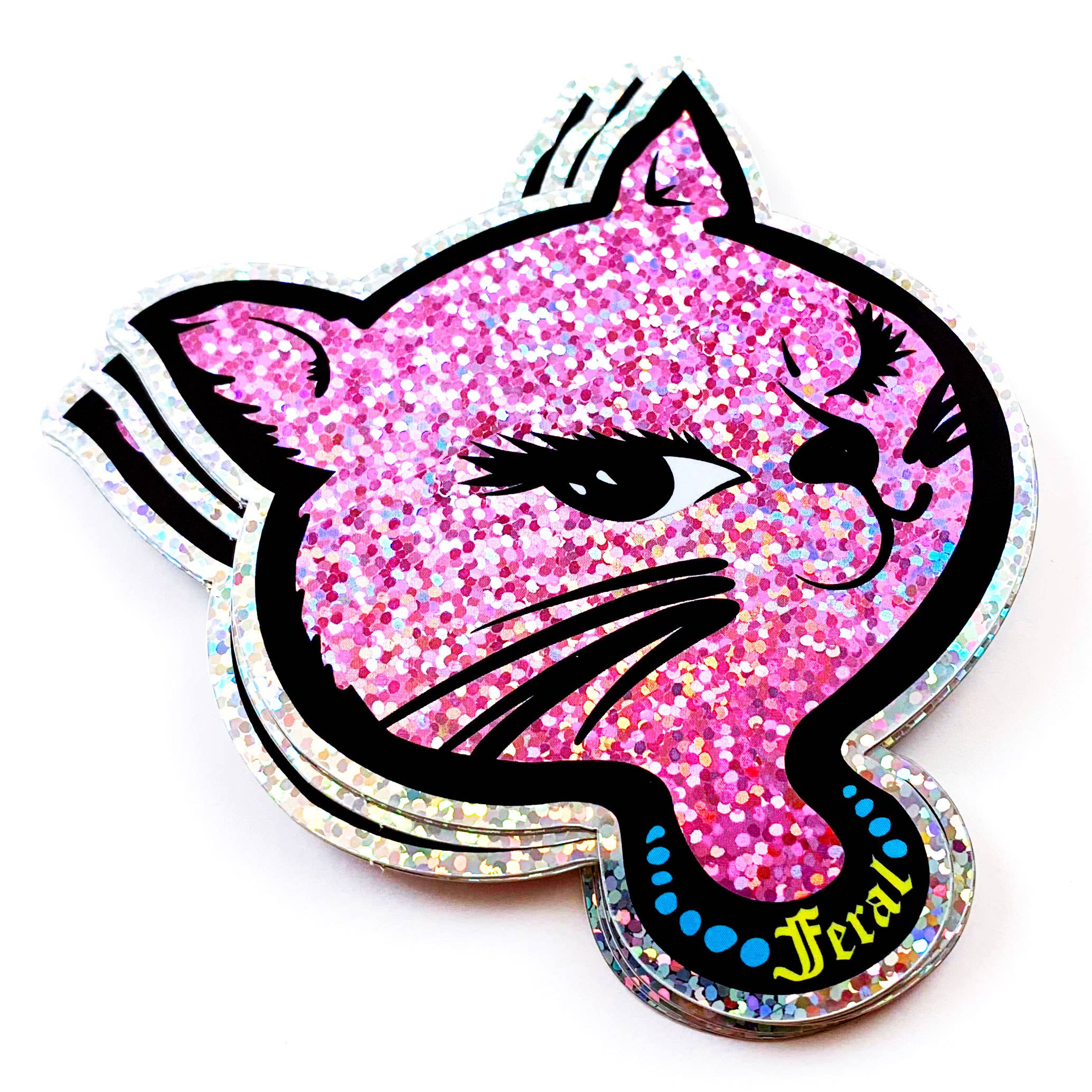 Feral 90s Winking Sassy Cat Holographic Glitter Sticker