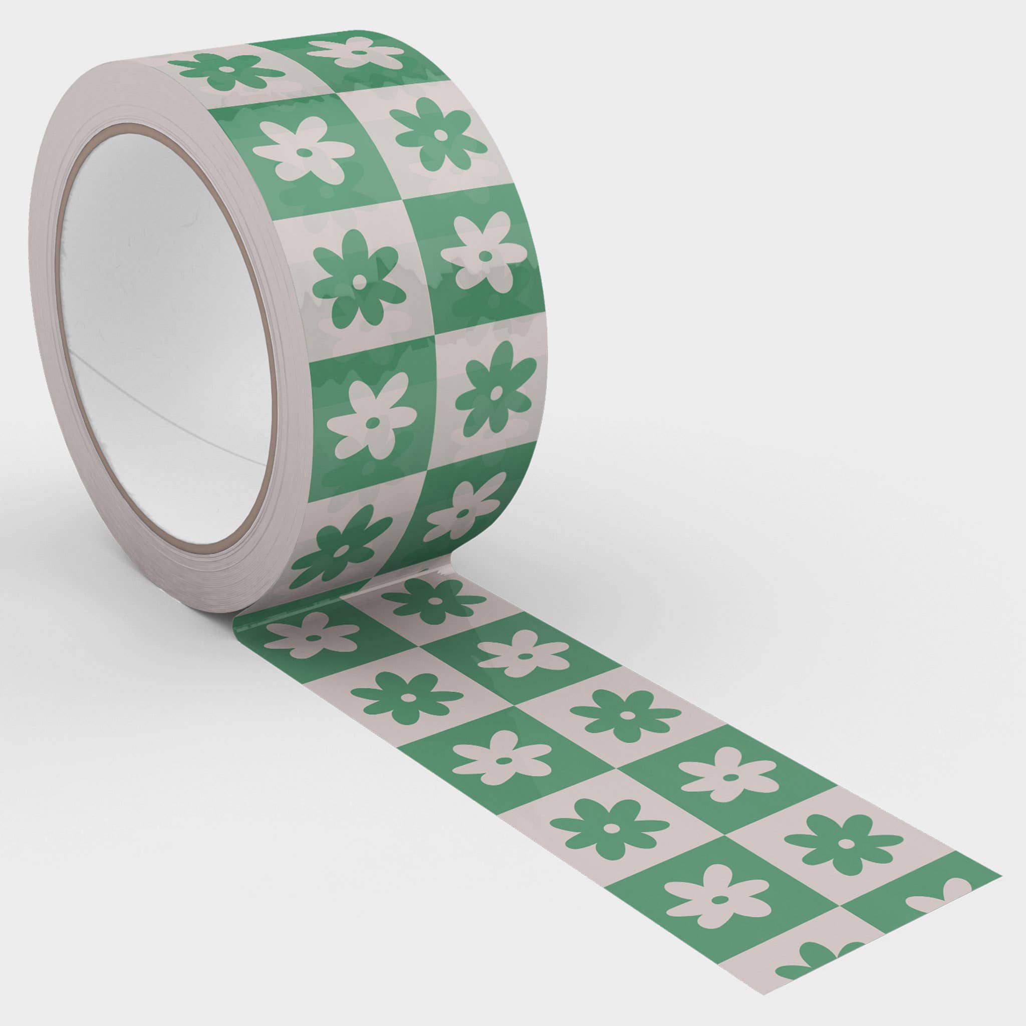 Retro Checkered Flower Shipping Tape - Green/Cream