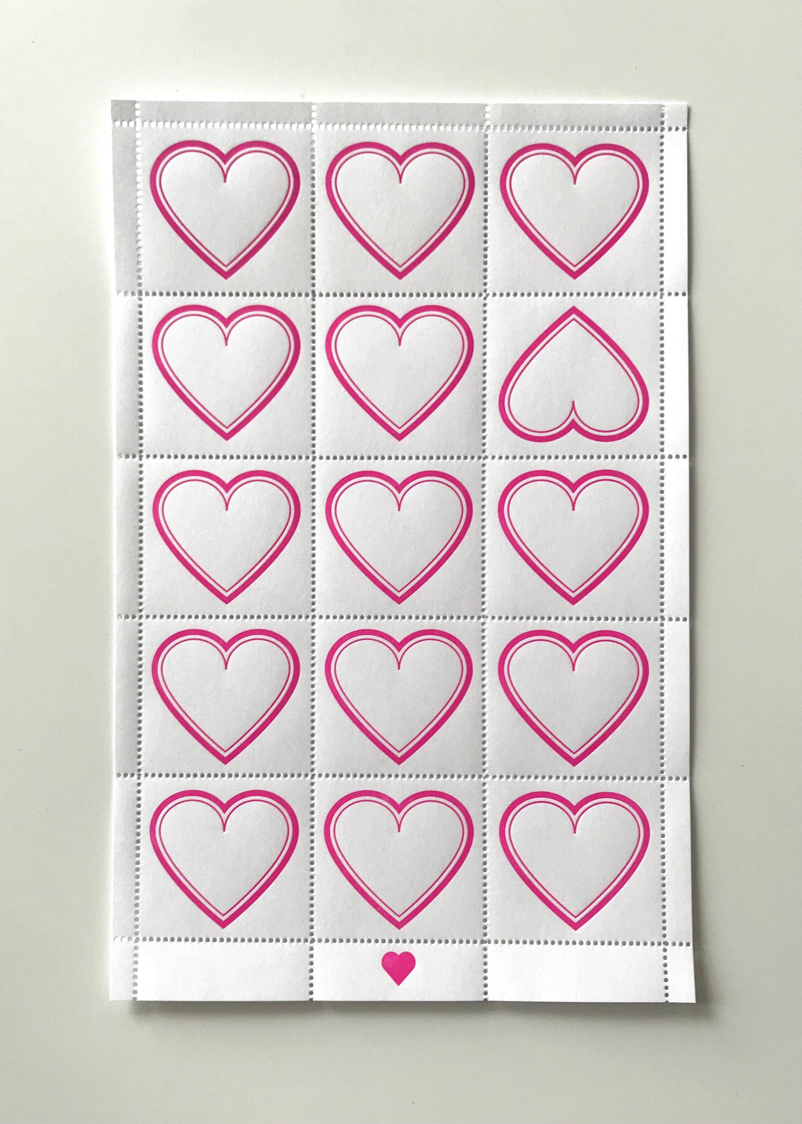 Dayglo Letterpress Lick & Stick Stamps / Fuchsia Hearts