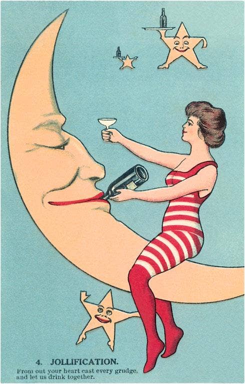 Woman Giving Wine to Moon Postcard