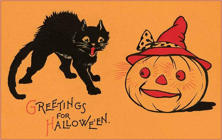 Postcard HW-180 Greetings for Halloween, Cat and Jack O'Lant