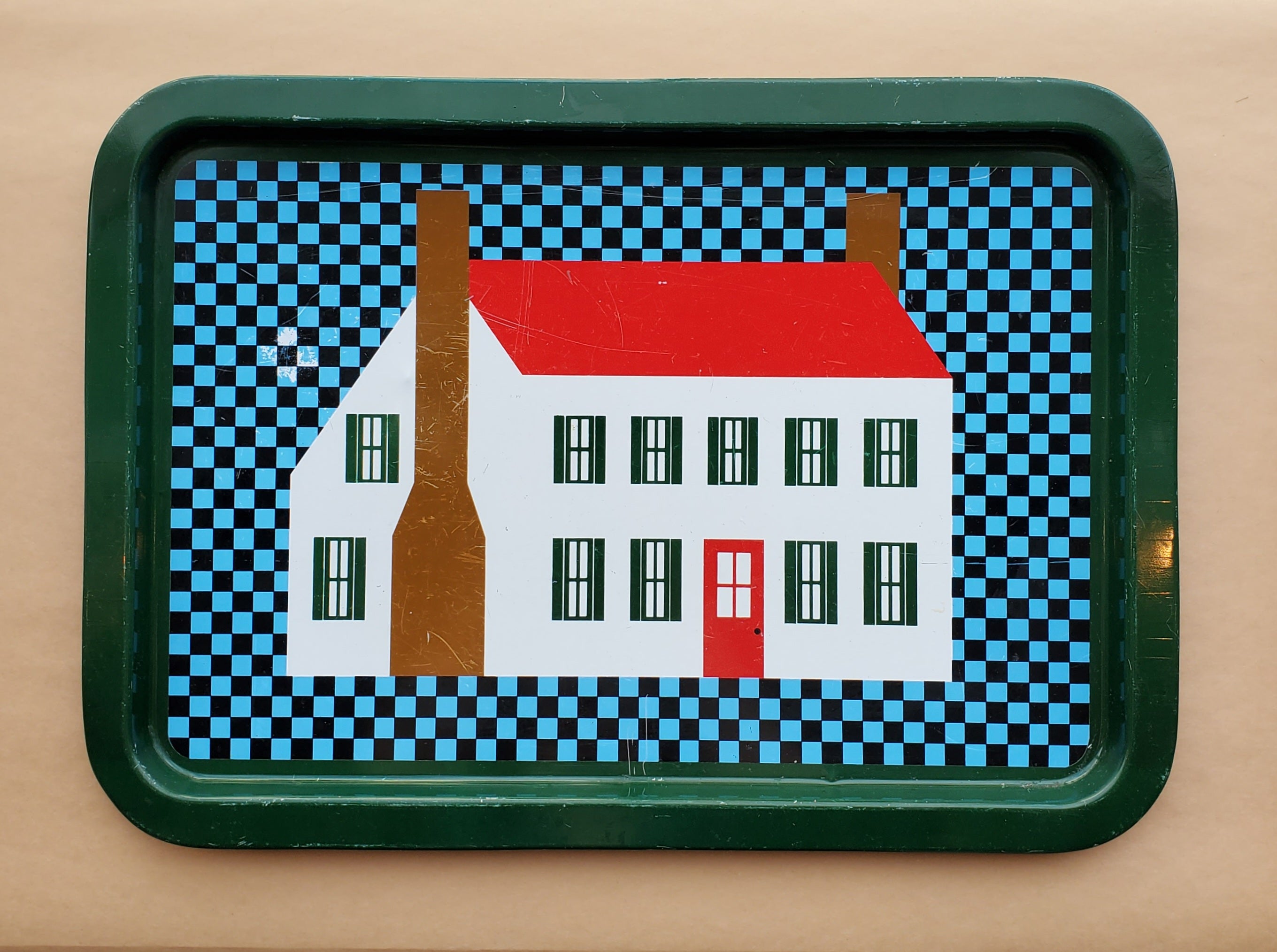 Vintage Tin Tray / Large / House on Checkers