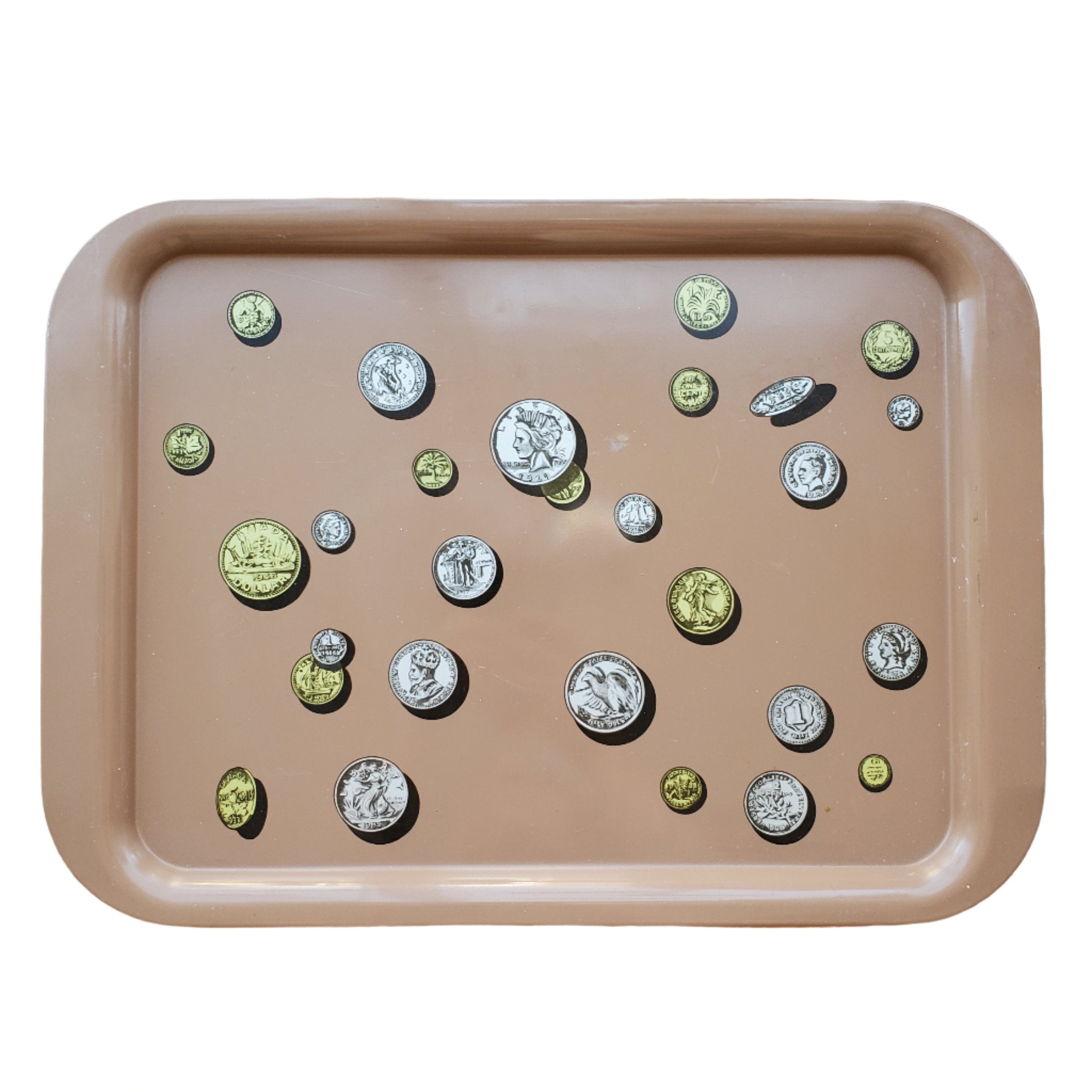 Vintage Tin Tray / Large / Scattered Coins on Brown