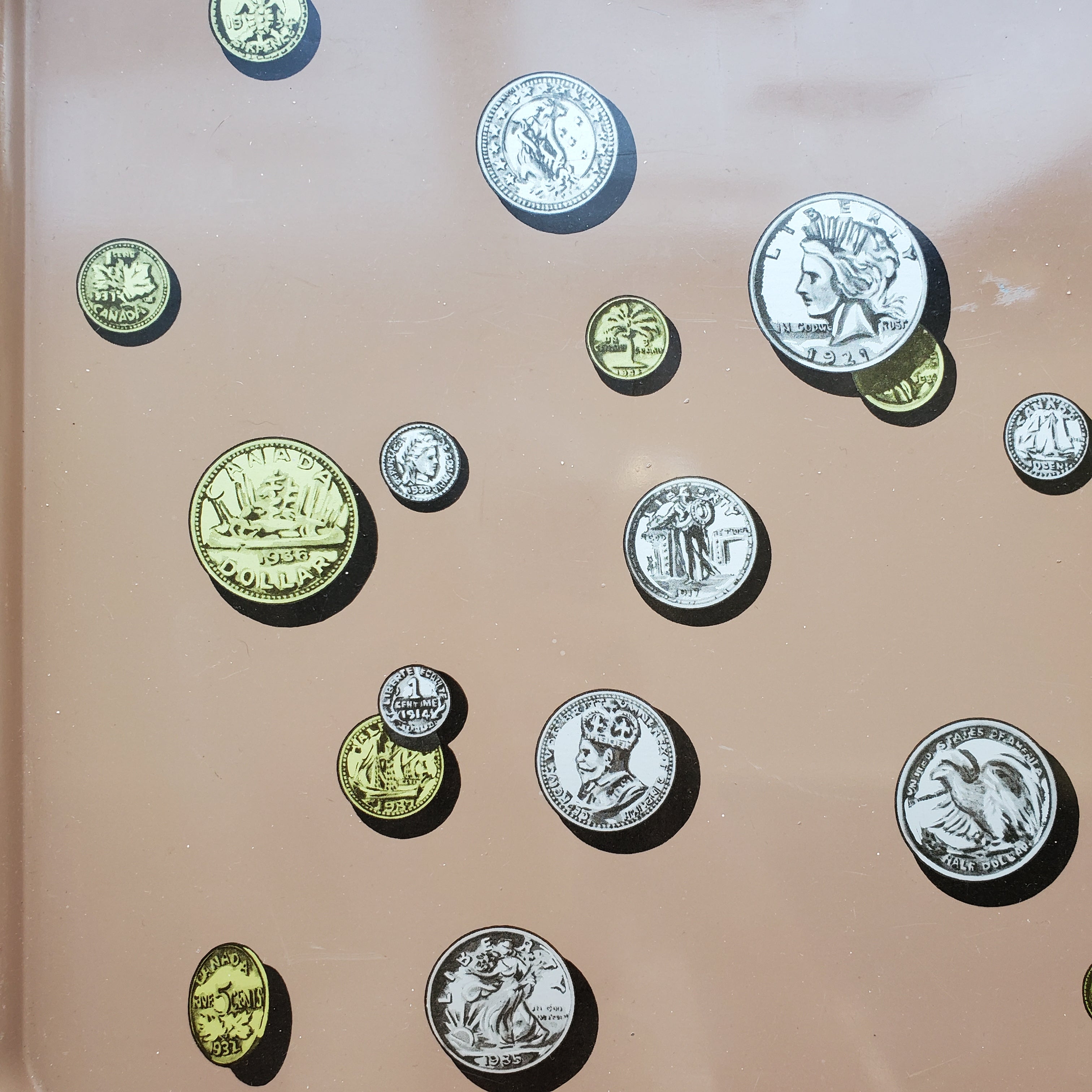 Vintage Tin Tray / Large / Scattered Coins on Brown