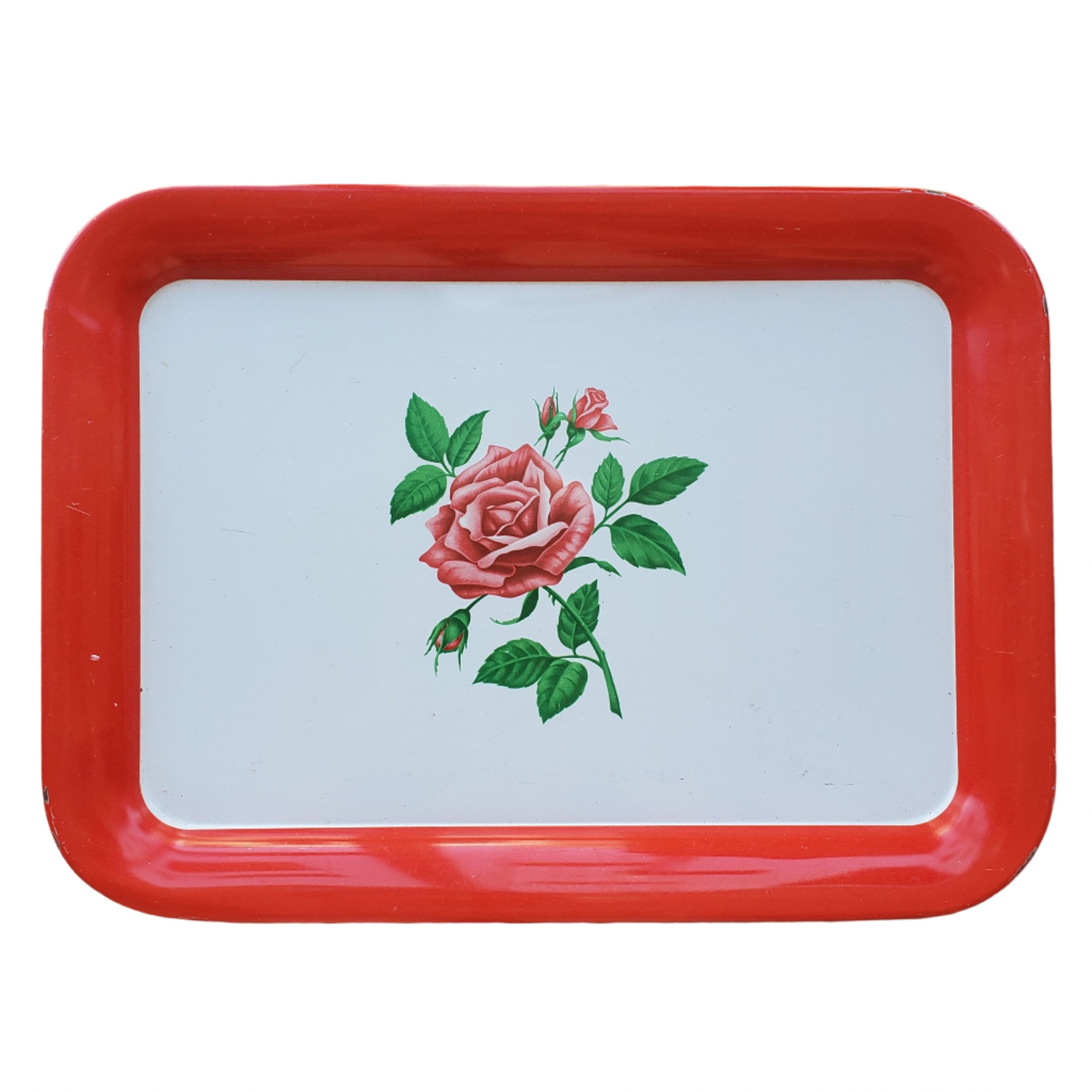 Vintage Tin Tray / Large / Red & White Rose Motif